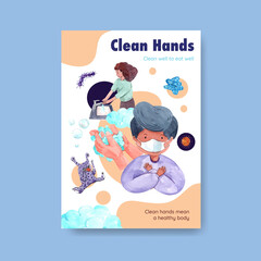 Poster template with global handwashing day concept design for brochure and leaflet watercolor vector