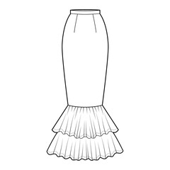 Skirt mermaid fishtail maxi technical fashion illustration with floor ankle lengths silhouette, pencil fullness. Flat bottom template front, white color style. Women men unisex CAD mockup