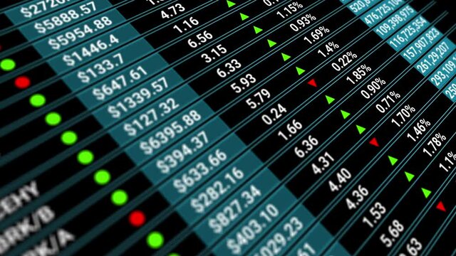 Digital tableau of stock market values, companies indexes evolving, growing and or shrinking.