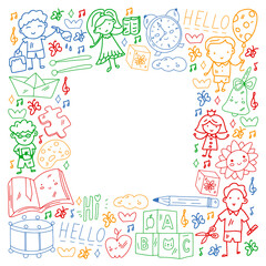 Vector pattern. School and online education. Little boys and girls play and grow together.