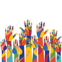 Colorful up hands. Volunteers. Vector illustration, an association, unity, partners, company, friendship, friends party background. Vector illustration - 391962250