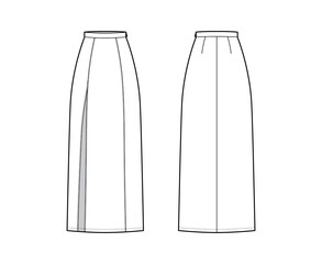 Naklejka premium Skirt slit maxi technical fashion illustration with floor ankle lengths silhouette, pencil fullness. Flat bottom template front, back, white color style. Women men unisex CAD mockup