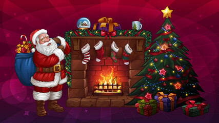 Santa Christmas tree and fireplace
