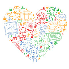 Fototapeta premium Vector pattern. School and online education. Little boys and girls play and grow together.