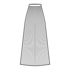 Skirt sunray pleat maxi technical fashion illustration with floor ankle length silhouette, circular fullness. Flat bottom template front, white color style. Women, men, unisex CAD mockup
