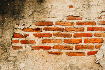 Cracked concrete vintage brick wall background. Red brick walls have old concrete walls framed around. Place for text. Banner concept.