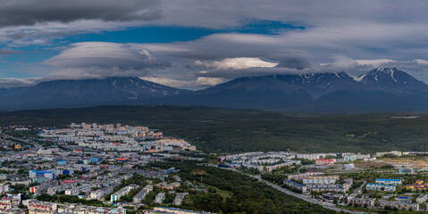 Kamchatka, the city of Petropavlovsk-Kamchatsky at the foot of the volcanoes