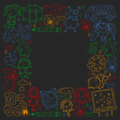 Vector pattern. School and online education. Little boys and girls play and grow together.