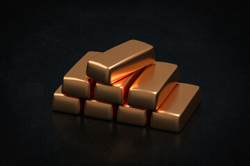 gold ingot bricks on dark floor - 3d render