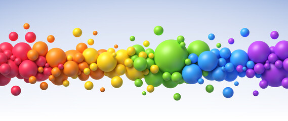 Rainbow flying spheres. Abstract composition with colorful balls in different sizes. Realistic vector background