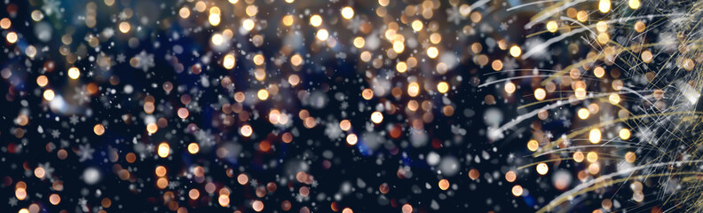 Christmas New Year background banner with golden bokeh lights and falling snowflakes with stars and sparkles