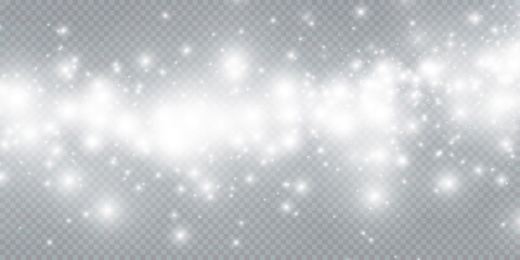 Christmas background. Powder dust light white PNG. Magic shining white dust. Fine, shiny dust particles fall off slightly. Fantastic shimmer effect.