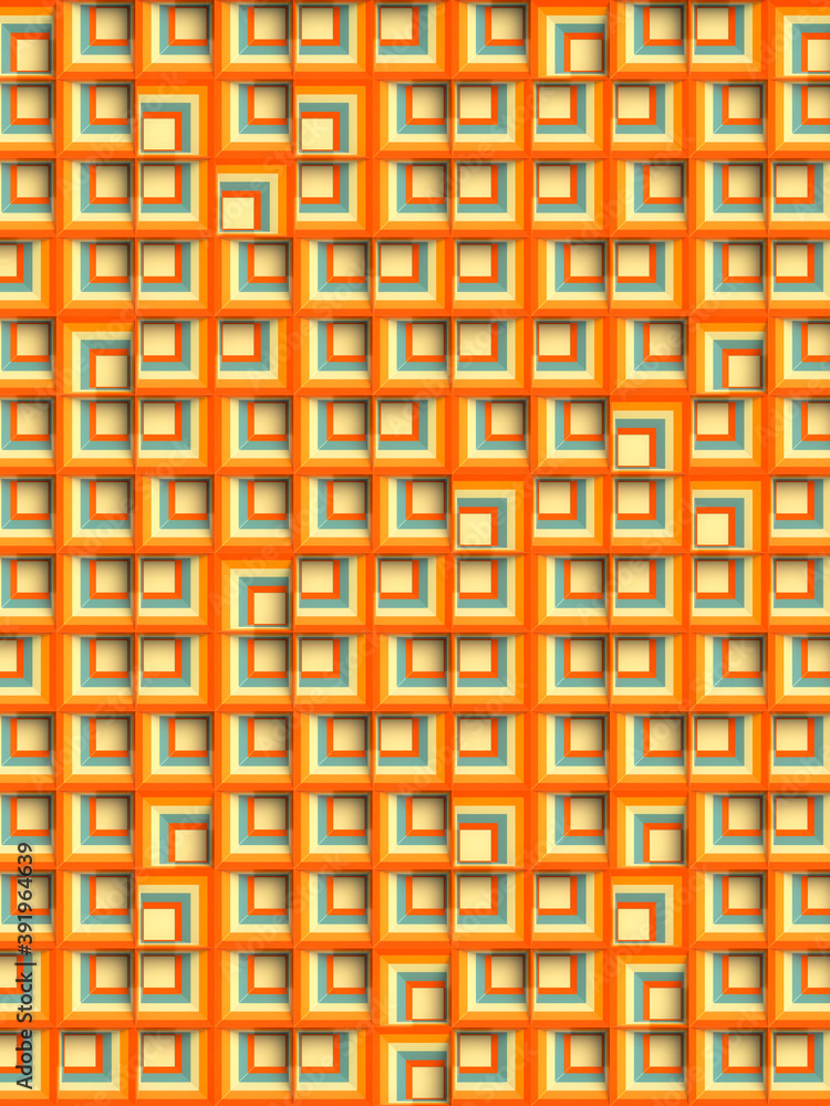 Aufkleber Abstract architectural pattern of randomly arranged orange cubic shapes. 3d rendering digital illustration