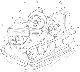 Cartoon cute penguin kids in hats and scarfs ride sleigh sketch template. Christmas vector illustration of birds in snow in black and white for games, background, pattern, decor. Coloring paper, page