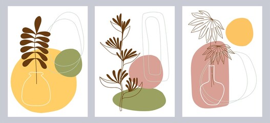 Set of abstract creative minimalist hand painted illustrations with decorative branches, leaves and flowers. For postcard, poster, social media story design.