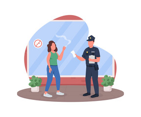 Penalty for smoking 2D vector web banner, poster. Police officer with woman smoker flat characters on cartoon background. Legal regulation in public printable patch, colorful web element