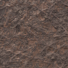 The background is dark soil with dark brown leaves mixed with mud. Top view of the ground and darkened branches and leaves. 3D-rendering