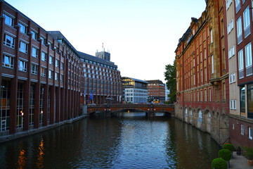 Obraz premium The canal, bridge and office buildings in Hamburg, Germany, Europe.