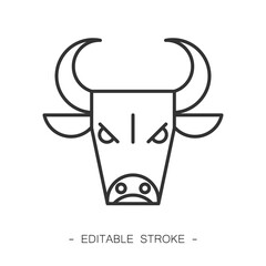 Isolated black outline head of bull on white background. Agressive angry bull. Logo line design. Simple icon.