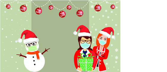 Social Christmas Day In Time Of Virus Outbreak Care Woman Wear A Santa Suit - Holding A Gift Wearing A Medical Mask And A Snowman Wearing A Medical Mask Vector