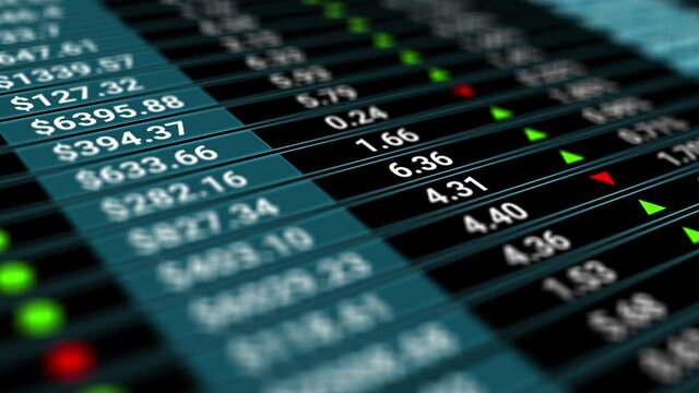 Digital tableau of stock market values, companies indexes evolving, growing and or shrinking.