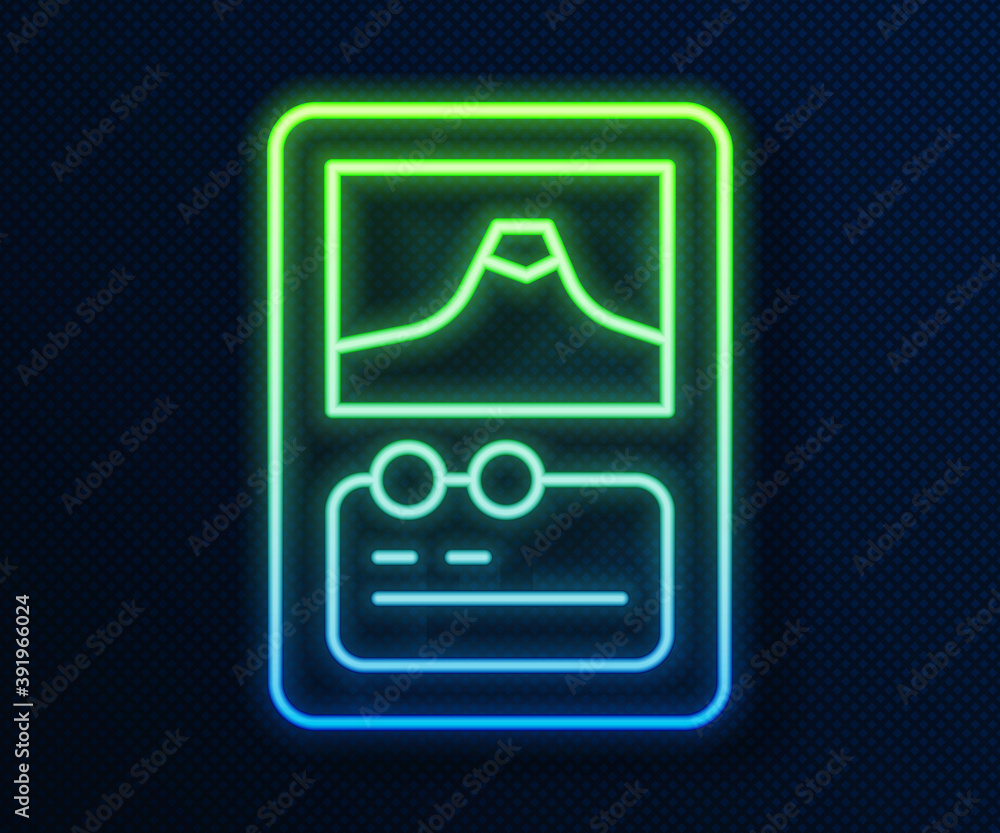 Poster glowing neon line card game collection icon isolated on blue background. fantasy ui kit with magic i