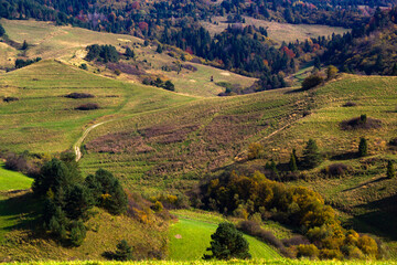 Fototapeta na wymiar Pieniny mountains in autumn, Slovakia. View towards east from Lesnicke sedlo.