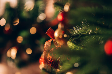 Beautiful and decorated Christmas tree. Christmas mood. Great photo for greeting cards