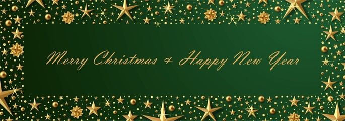 Green christmas background with gold stars and balls.