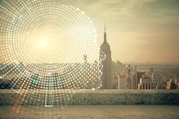Brain hologram drawing on cityscape background multi exposure. Ai in modern city concept.