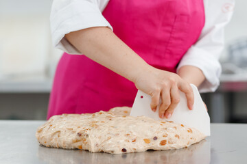 Obraz na płótnie Canvas Step-by-step Easter cake, pastry chef prepares dough with raisins for festive kulich