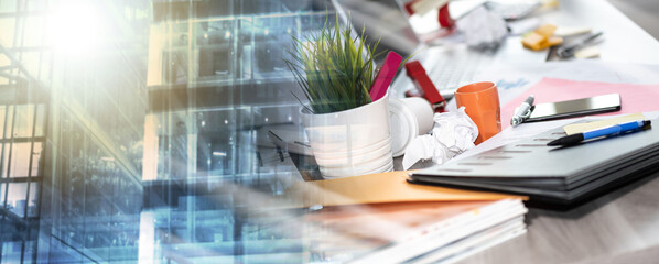 Messy and cluttered desk; multiple exposure