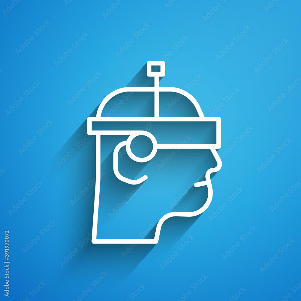 Poster white line smart glasses mounted on spectacles icon isolated on blue background. wearable electronic