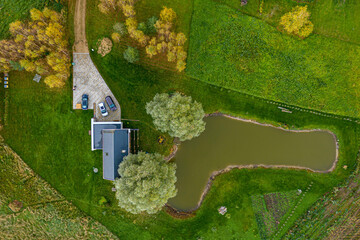 top view of a country homestead with a pond