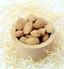 Almonds in a wooden bowl.