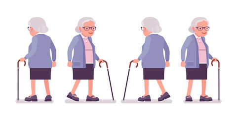 Old woman, elderly person with walking cane. Senior citizen, retired grandmother wearing glasses, old age pensioner, lonely grandma. Vector flat style cartoon illustration isolated on white background