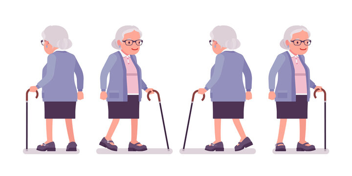 Old Woman, Elderly Person With Walking Cane. Senior Citizen, Retired Grandmother Wearing Glasses, Old Age Pensioner, Lonely Grandma. Vector Flat Style Cartoon Illustration Isolated On White Background