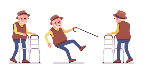 Old man, elderly person with medical walker, cane slippery. Senior citizen, retired grandfather in glasses, old pensioner, grandpa. Vector flat style cartoon illustration isolated, white background