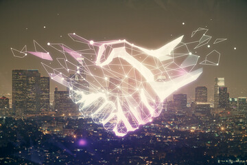Double exposure of handshake hologram over city view background. Concept of partnership.