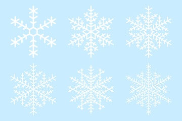 Set of white vector snowflake on blue background. Simple flat snowflake icons. Vector illustration for Christmas and New Year