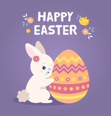 Easter cute rabbit with Easter egg. Vector illustration isolated. Happy Easter greeting card. Easter holiday banner design with cute bunny character.