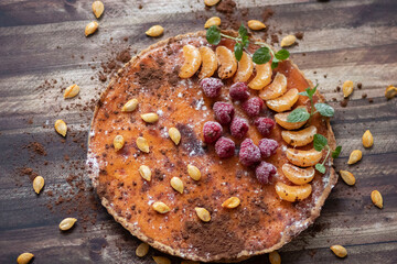 
Homemade pumpkin pie on different backgrounds.