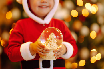 Snow globe in the hand of Little child.  Kid in santa costume enjoys the snowfall. Winter holiday,...