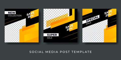 Social media post design template. suitable for fashion, gym, adventure, business, sale. vector illustration black and yellow trendy color with photo college space.