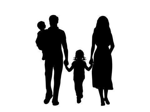 Silhouettes of family father mother daughter and little son in arms