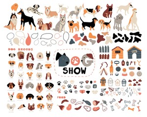 Vector set of dog breeds and decoration elements. Dog show. Hand drawn text lettering. Doodle cartoon illustration for design. - obrazy, fototapety, plakaty