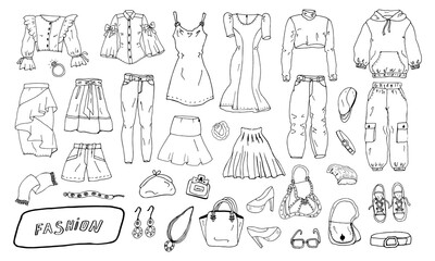 Hand drawn set of fashionable clothes shoes and accessories. Set of doodles of clothes, bags and shoes. Fashion sketches. Jewelry collection. Casual style. Fashion doodles. Clothes sketches. 