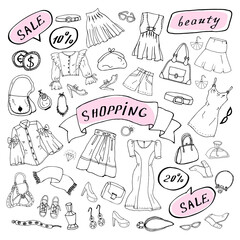 Hand drawn set of fashionable clothes shoes and accessories. Set of doodles of clothes, bags and shoes. Fashion sketches. Jewelry collection. Casual style. Fashion doodles. Clothes sketches. 