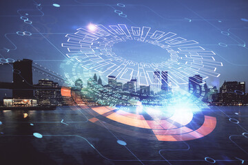 Data theme hologram drawing on city view with skyscrapers background multi exposure. Ai concept.