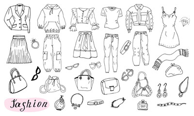Hand drawn set of fashionable clothes shoes and accessories.  Set of doodles of clothes, bags and shoes. Fashion sketches. Jewelry collection. Casual style. Fashion doodles. Clothes sketches. 